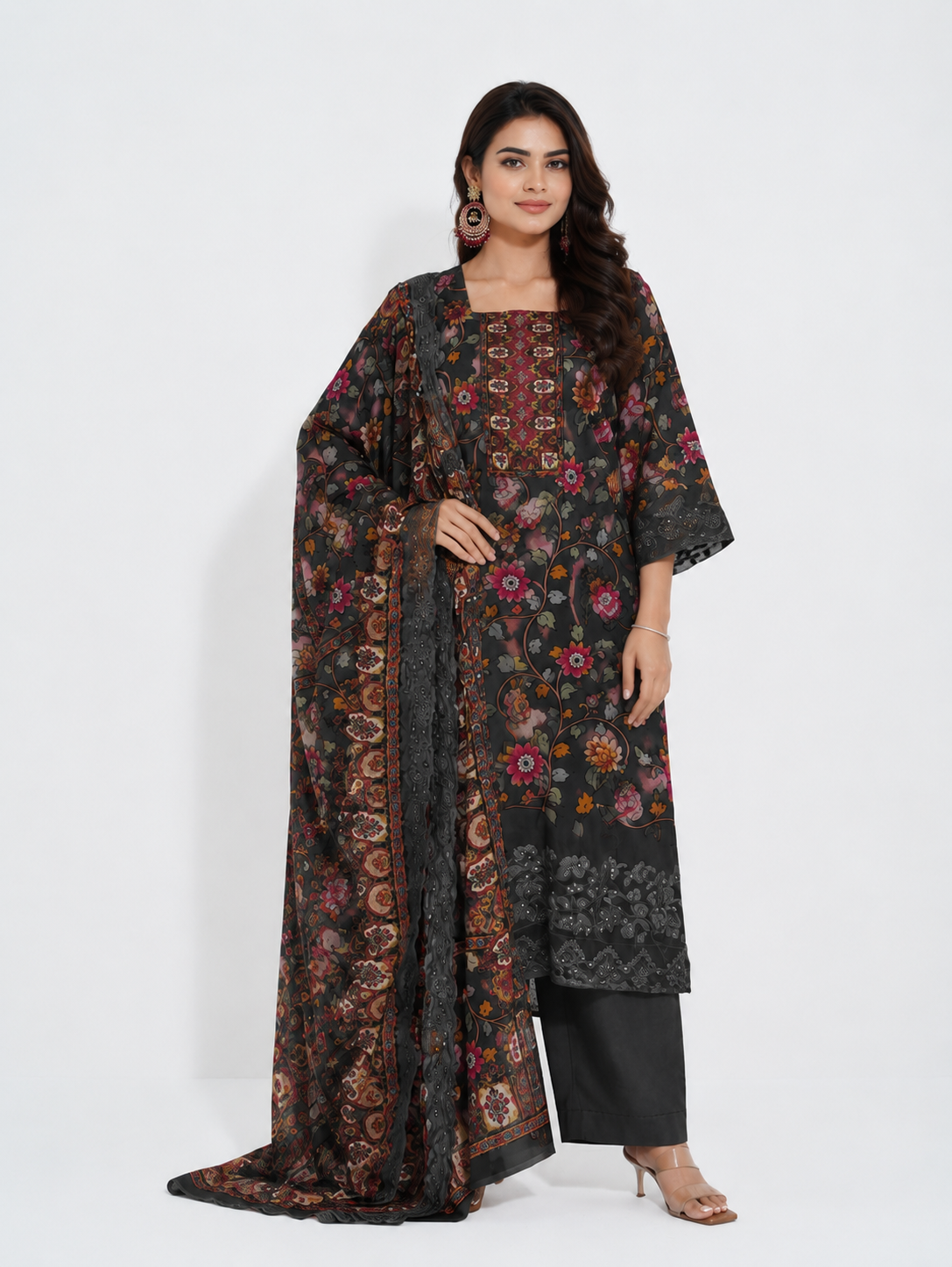 Midnight Bloom - Women’s Floral 3-Piece Suit (Unstitched)