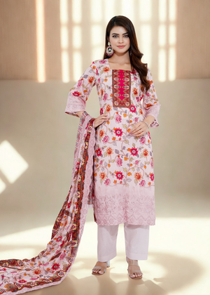 Woman wearing a pink floral dress with a matching dupatta on a neutral background